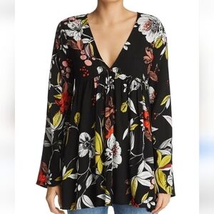 🌟 Free People Bella Black Floral Tunic Blouse Size XS
